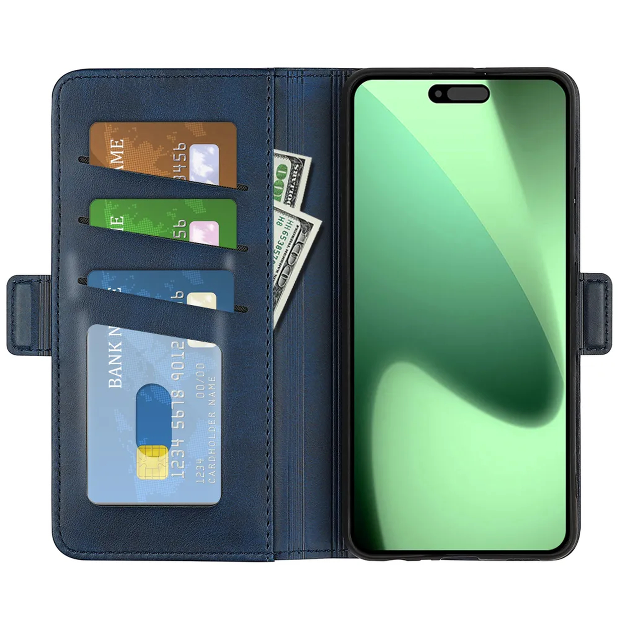 Un portefeuille de téléphone bleu avec cartes de crédit et argent liquide. Un téléphone est à droite. Le portefeuille a plusieurs fentes pour cartes et une fermeture magnétique.