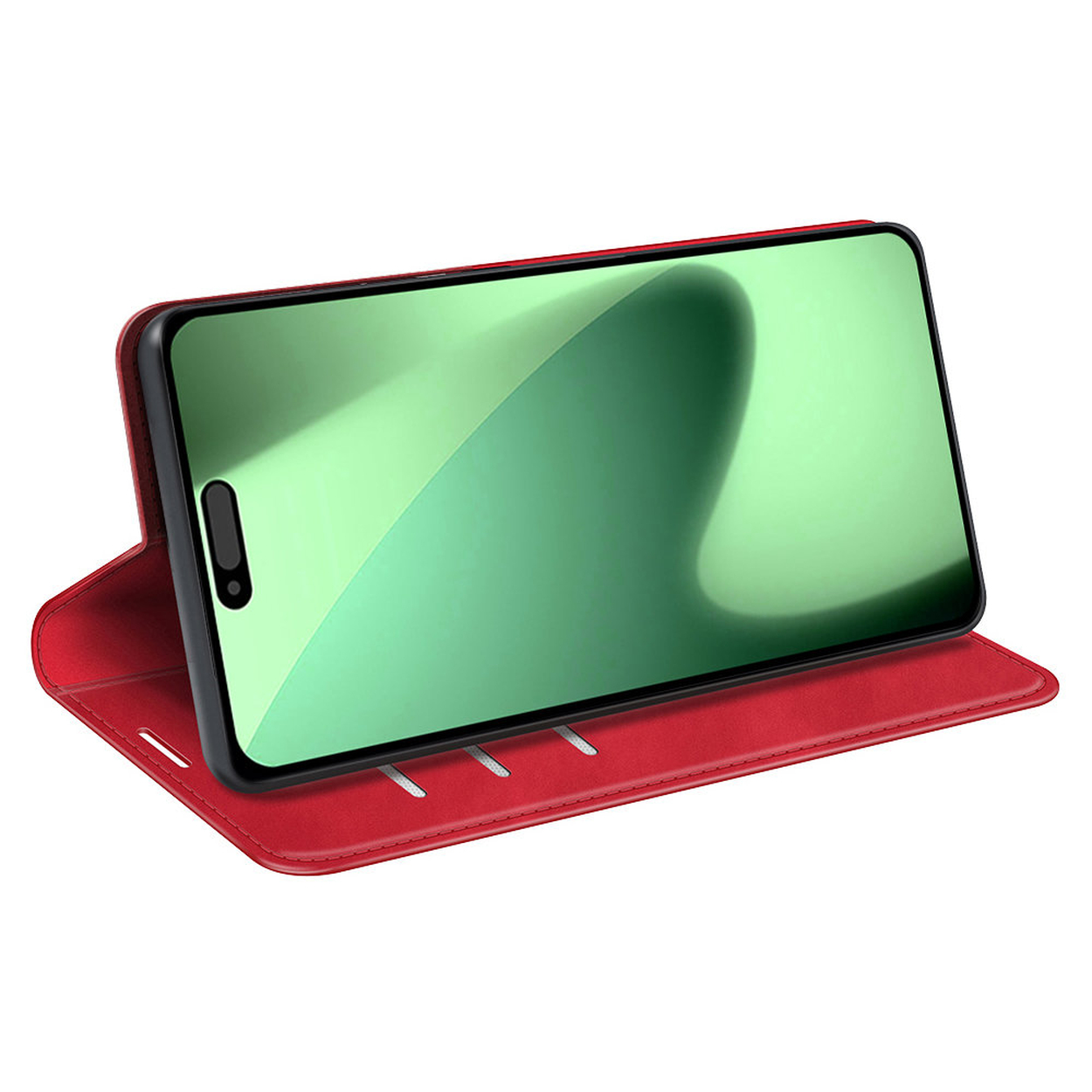 Een smartphone in een rode hoes. Het scherm toont een groene gradiënt. De hoes is open, de telefoon staat rechtop.
