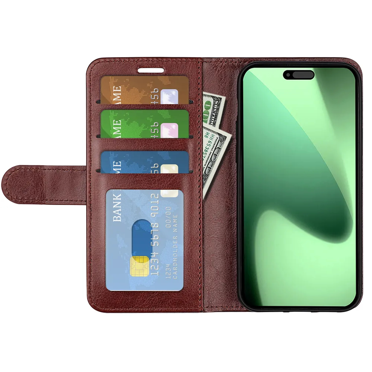 Un étui de téléphone en cuir marron ouvert avec un téléphone, des cartes de crédit et de l'argent à l'intérieur. Les cartes ont des étiquettes ME et BANK.
