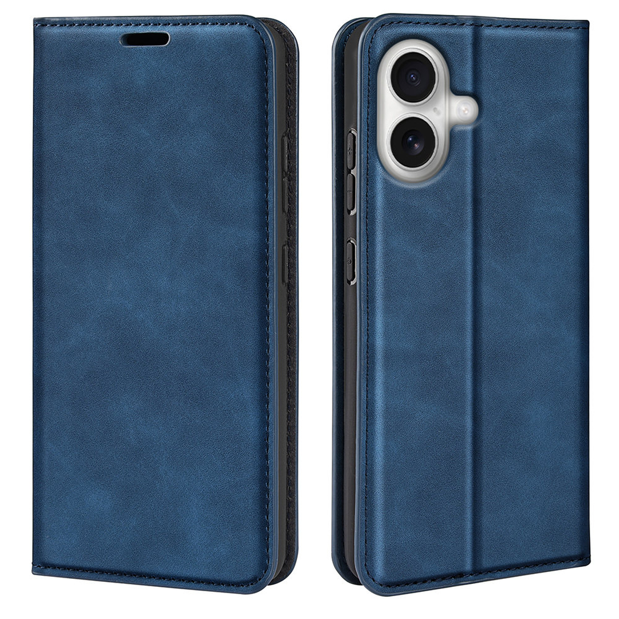Een blauwe telefoonhoes, open en dicht, met een telefoon. De hoes is leerachtig met stiksels en een camera-uitsparing.