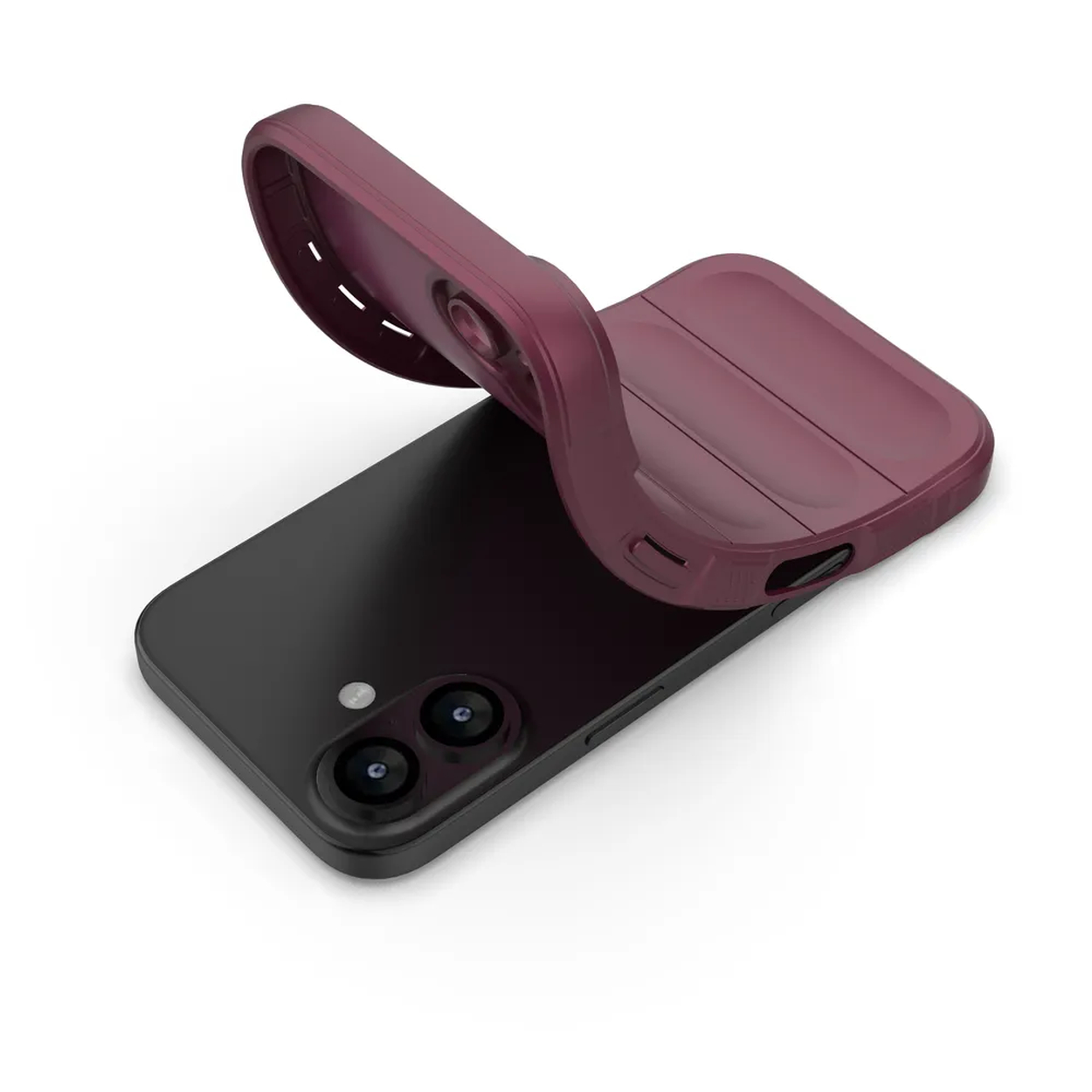 Een zwarte smartphone met een bordeauxrode telefoonhoes die hem gedeeltelijk bedekt. De hoes is gebogen en opgetild.