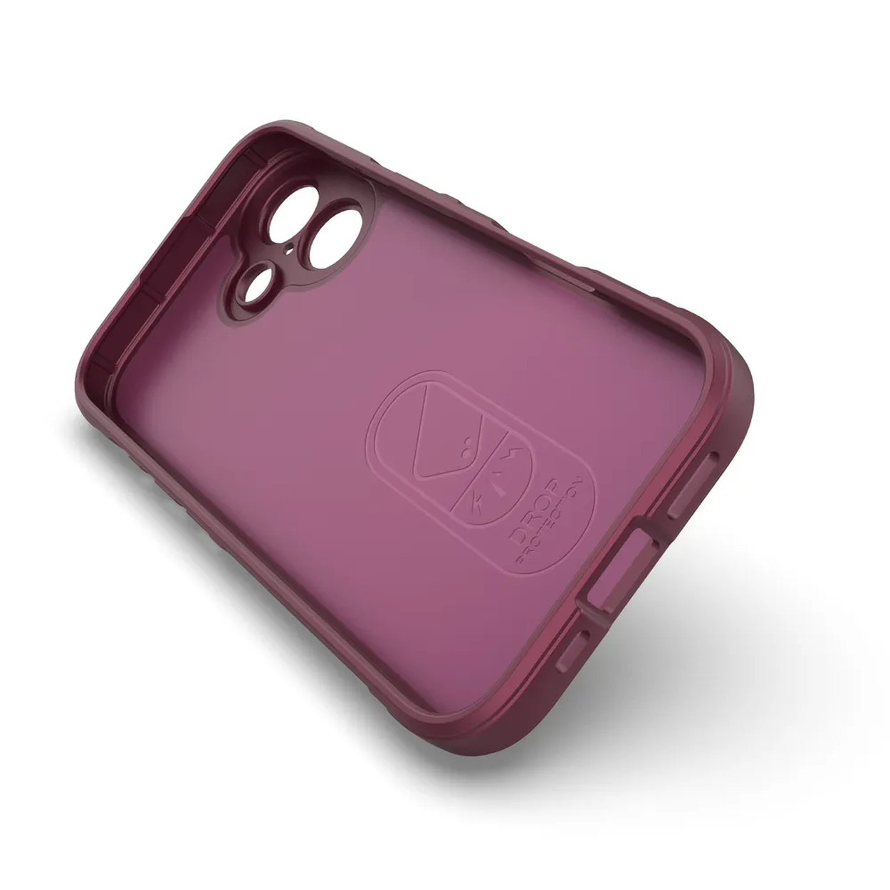 Een pruimkleurige telefoonhoes met het Drop Protection-logo. Het heeft gaten voor de camera en knoppen. De hoes staat op een witte achtergrond.
