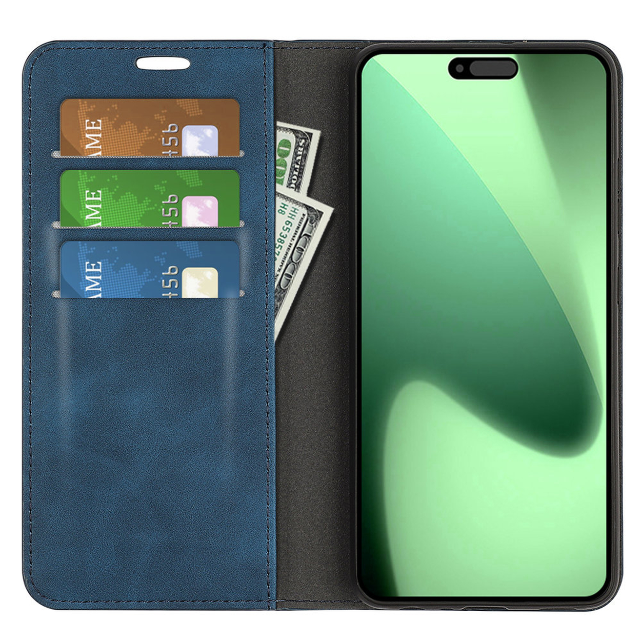 Een blauwe telefoonhoes met een smartphone, creditcards en een biljet van 100 dollar. De telefoon heeft een groen scherm.