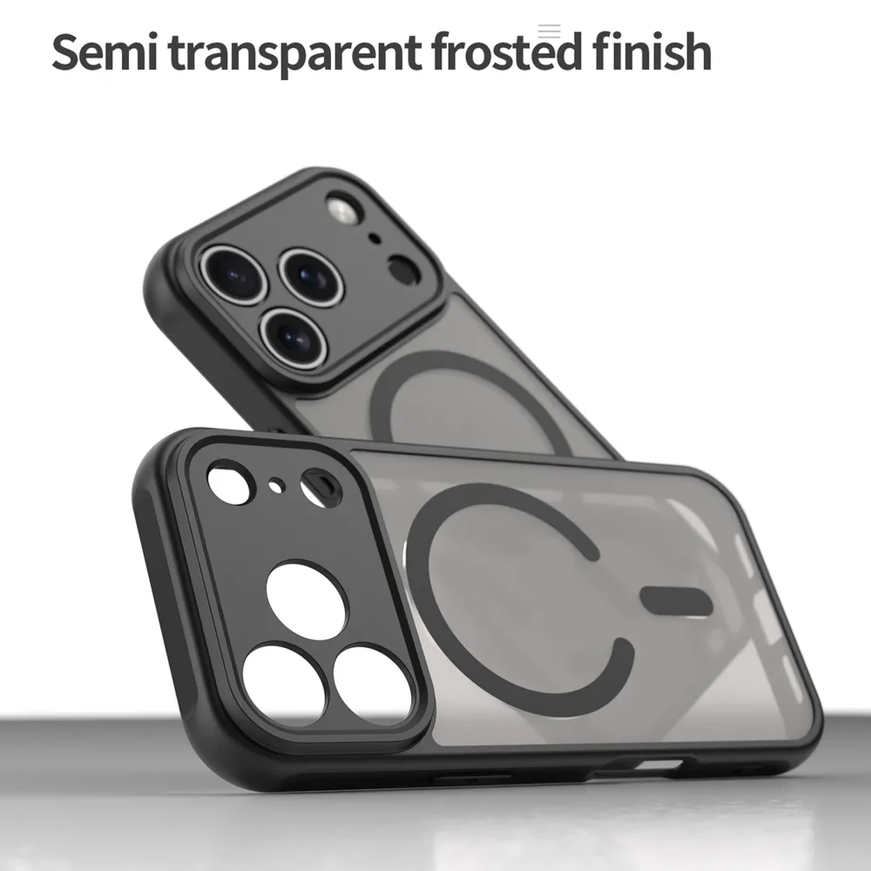 Twee zwarte telefoonhoesjes met een semi-transparante frosted finish. De hoesjes zijn transparant met zwarte randen en de letter 'C'.