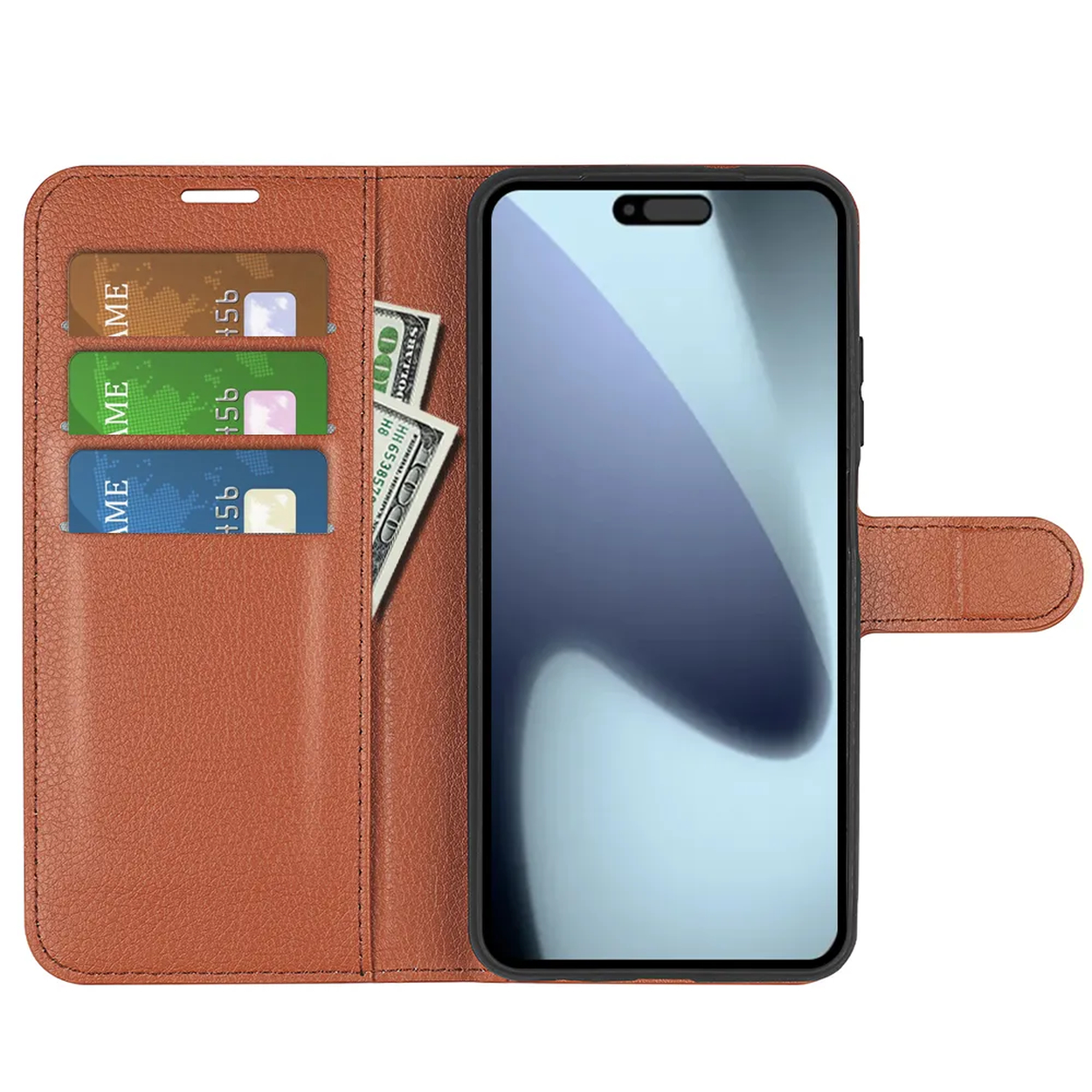 Een bruine telefoonhoes open met een telefoon erin. Creditcards en geld zitten in de hoes.