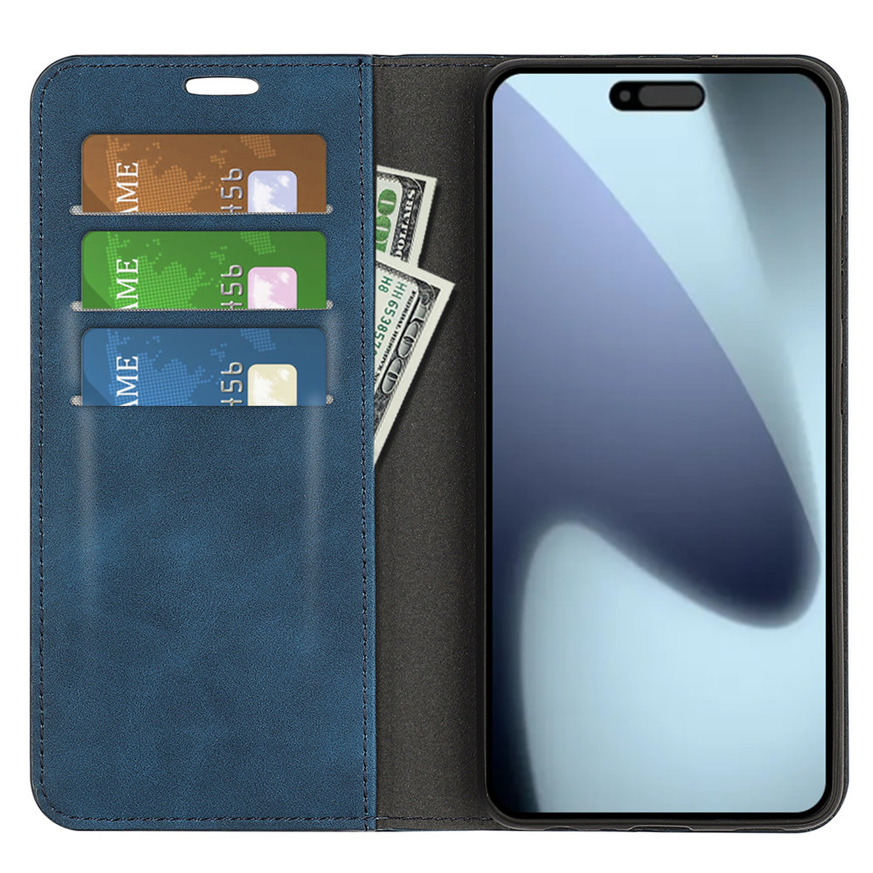 Een blauwe telefoonhoes open die een telefoon, drie creditcards en twee dollarbiljetten laat zien.