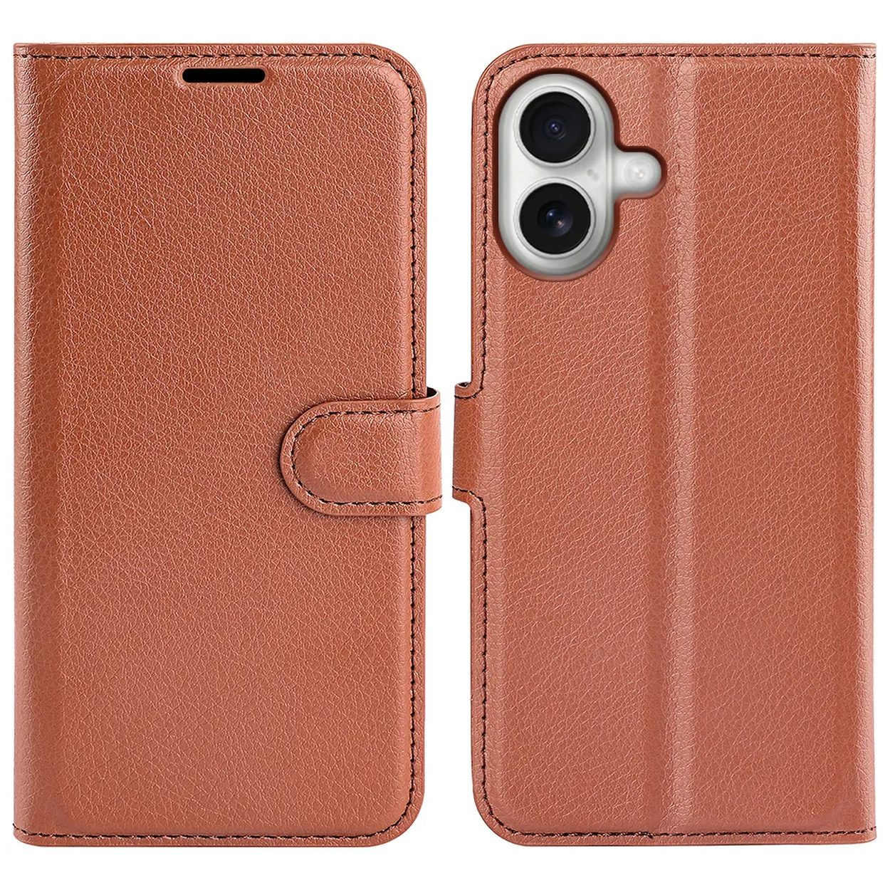 Een bruine leren telefoonhoes in open positie, met een camera-uitsparing en een magnetische sluiting.