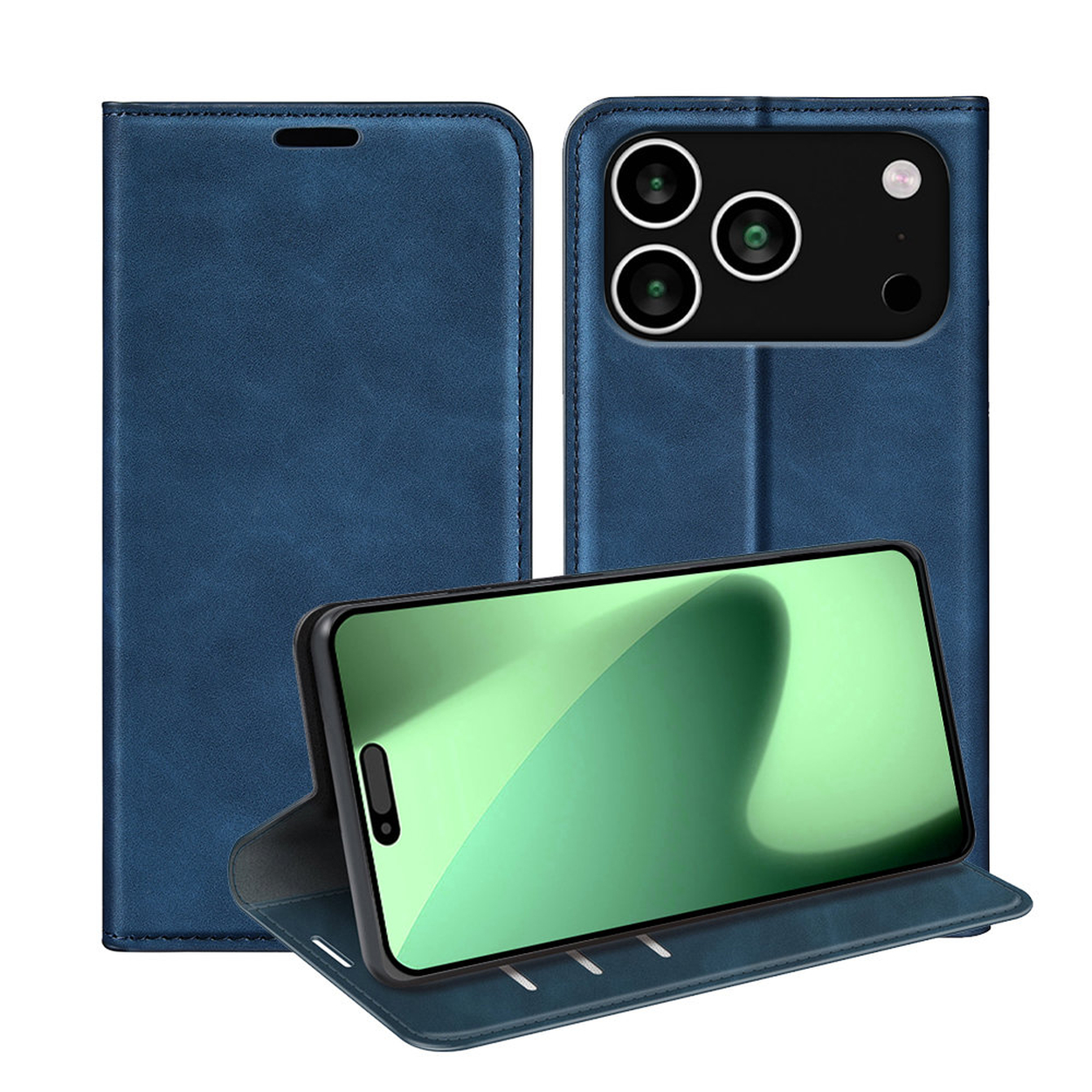 Een blauwe telefoonhoes met een telefoon erin. De hoes is open en toont het scherm van de telefoon. De achtergrond is de gesloten hoes.