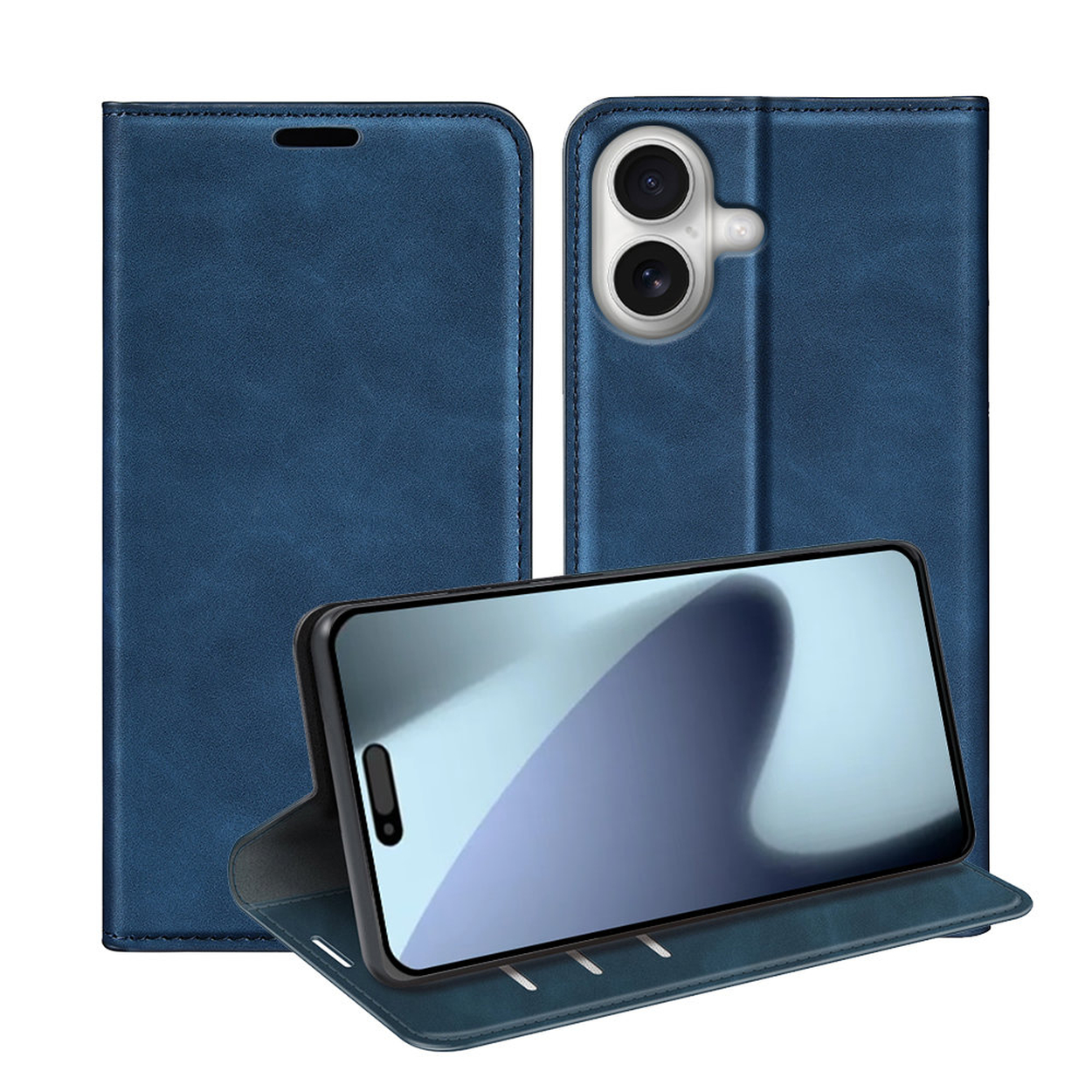 Een blauwe telefoonhoes met een telefoon erin. De hoes is open, toont het scherm, en twee hoezen erachter.