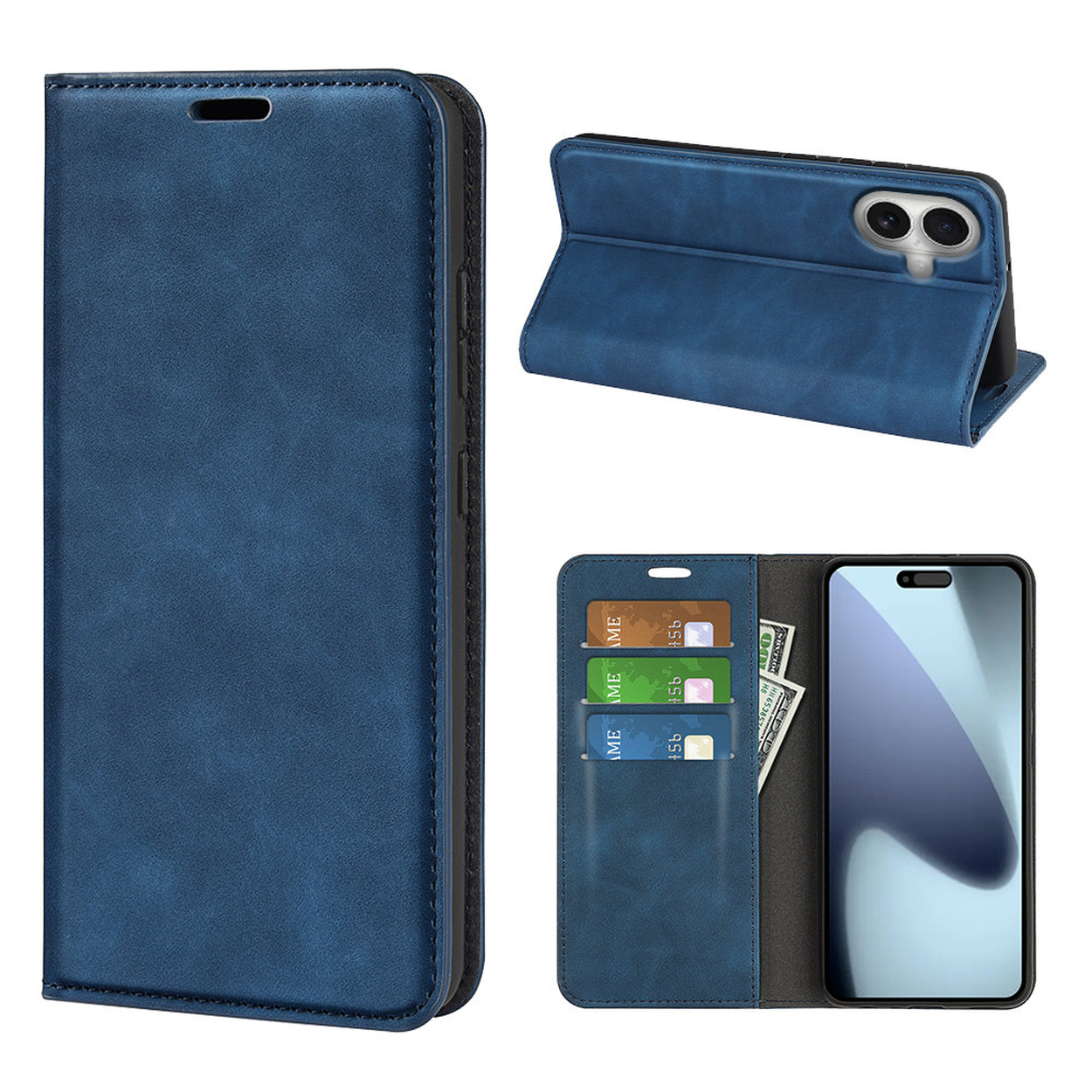 Blauwe leren telefoonhoes. Toont de hoes gesloten, open met een telefoon erin en de binnenvakken voor kaarten en contant geld.