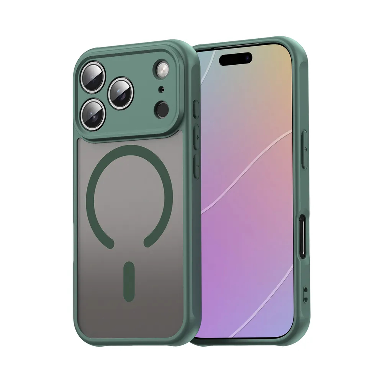 Een groene telefoonhoes beschermt een telefoon. De hoes heeft een uitsparing voor de camera en een magnetische cirkel aan de achterkant.