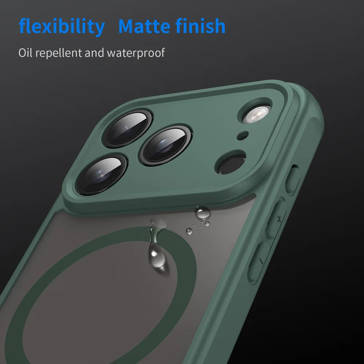 Groene telefoonhoes met waterdruppels. Voorzien van matte afwerking, olie-afstotend en waterdicht.