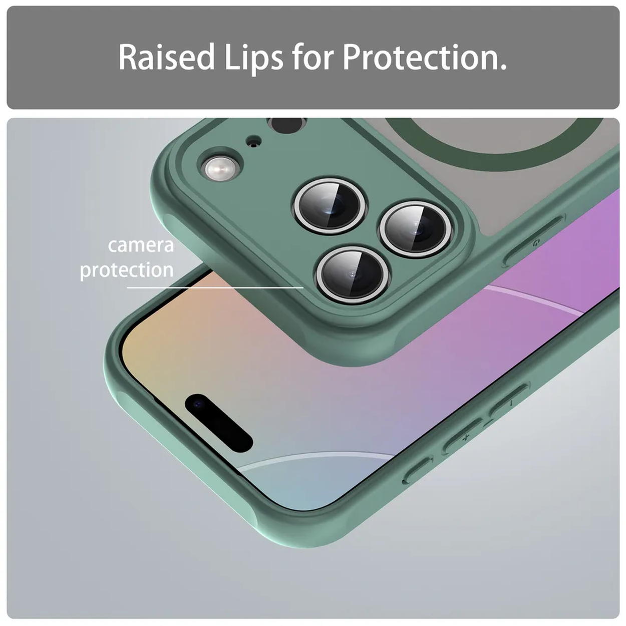 Groene telefoonhoes met opstaande randen voor camerabescherming. Het heeft een transparante achterkant en een magnetische ring. De tekst zegt 'Verhoogde randen voor bescherming'.
