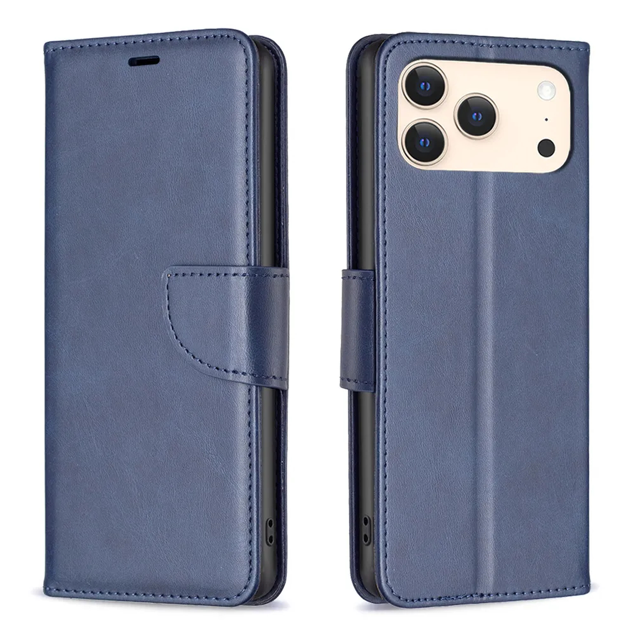 Een blauwe leren telefoonhoes, open en dicht. Toont een telefoon met drie camera's en een flitser.