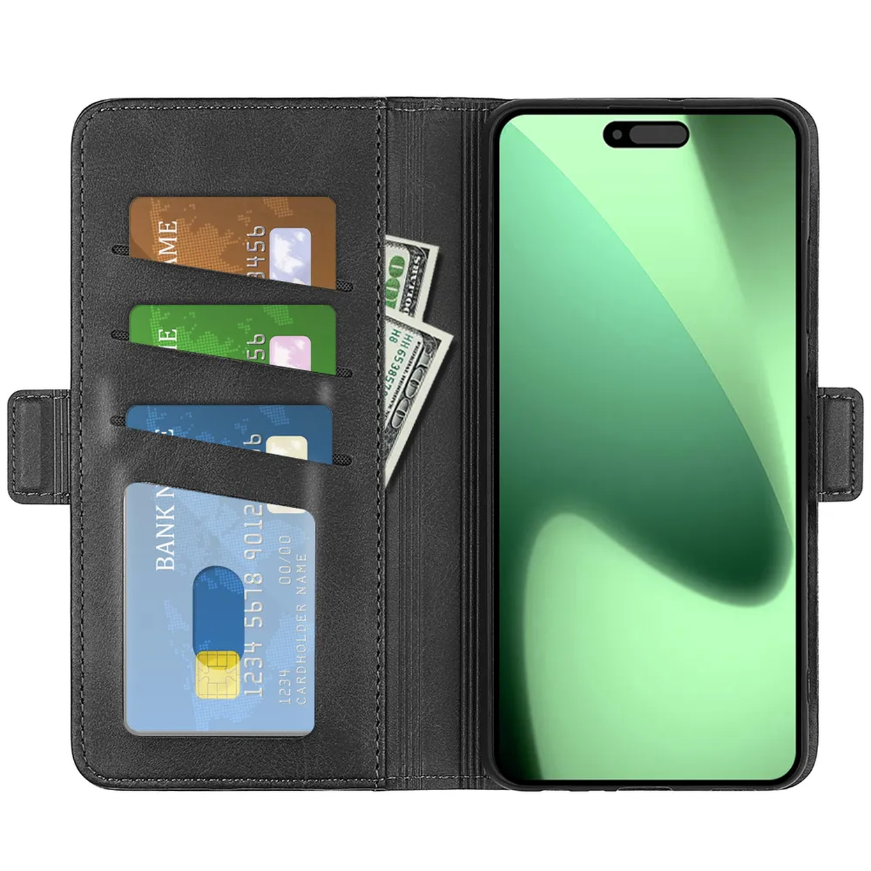 Zwarte telefoonhoes open, met creditcards, contant geld en een smartphone met groen scherm. De hoes is leerachtig.