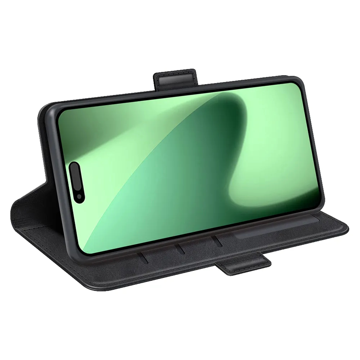 Een zwarte telefoonhoes met een telefoon erin, scherm met een groene gradiënt. Hoes is open en staat op een witte achtergrond.
