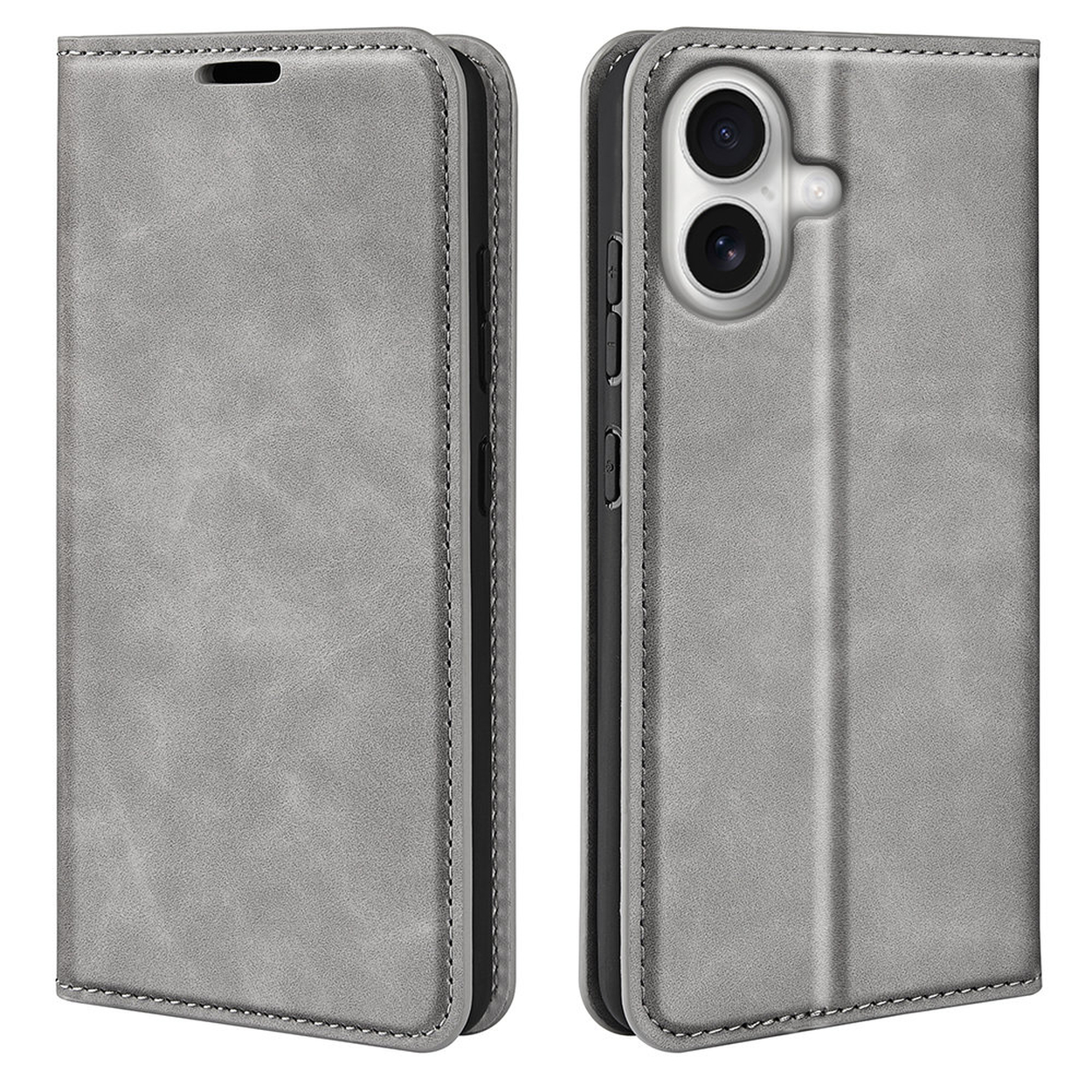 Étui de téléphone en cuir gris, ouvert et fermé. L'étui ouvert montre un téléphone avec deux caméras. Les deux étuis ont des bords cousus.