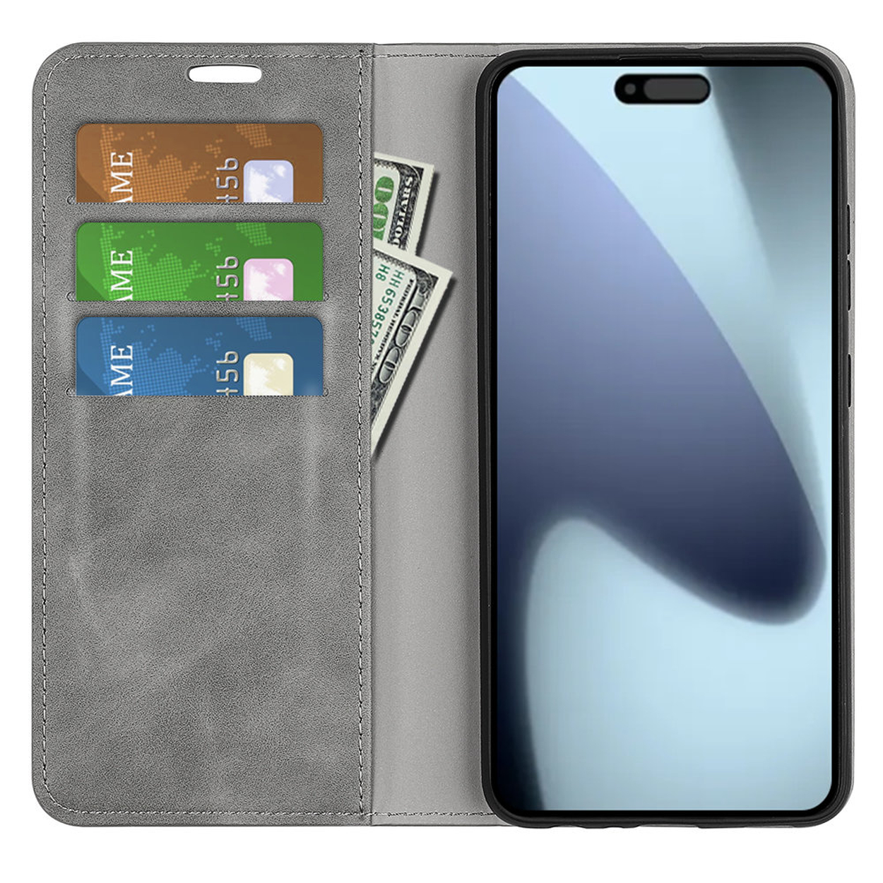Étui de téléphone gris ouvert, avec smartphone à l'intérieur. Cartes de crédit et billets visibles.