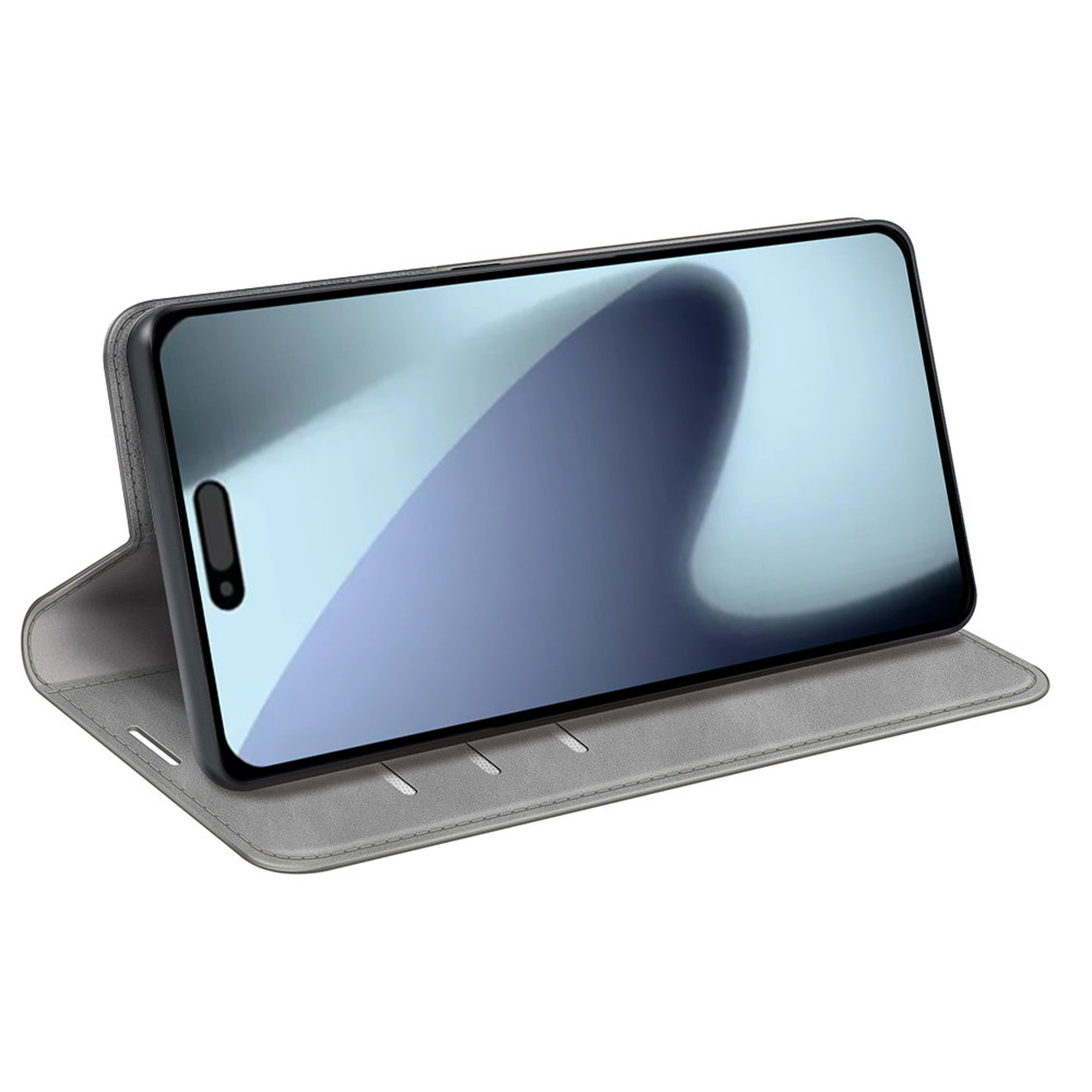 Un smartphone dans un étui gris est affiché. L'écran est allumé, affichant un dégradé bleu clair et gris. L'étui est ouvert, soutenant le téléphone.