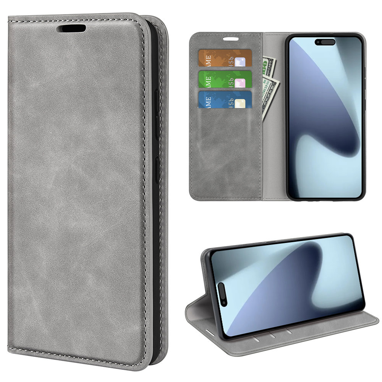 Un étui de téléphone gris, montrant trois vues : fermé, ouvert avec cartes et téléphone, et téléphone ouvert. Comprend cartes et argent.
