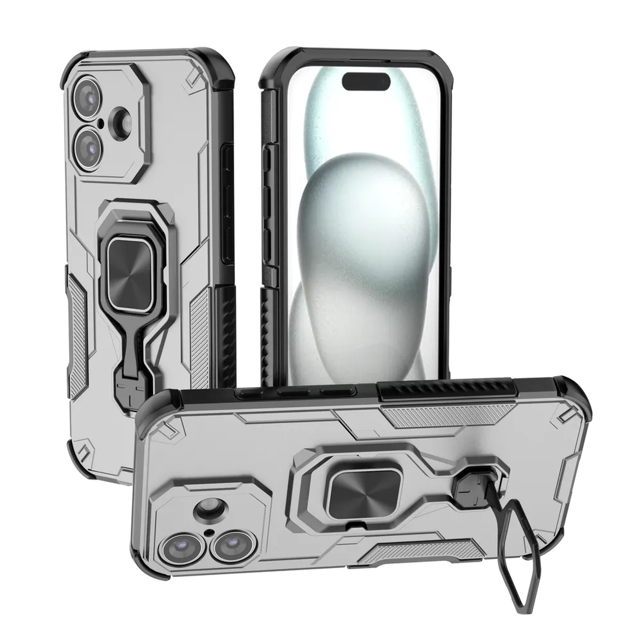 Zilveren telefoonhoesjes met zwarte accenten, ringhouders en camera-uitsparingen worden getoond op een witte achtergrond.