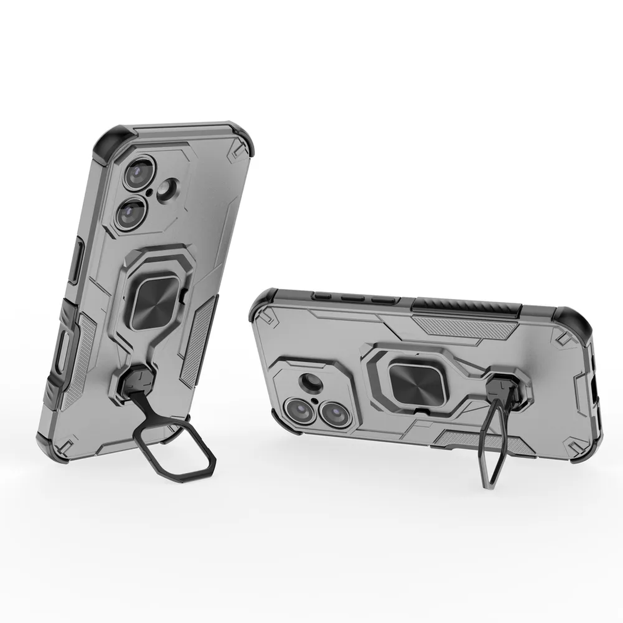 Twee grijze telefoonhoesjes met zwarte accenten en ringhouders op een witte achtergrond. Eén staat, de andere ligt plat.