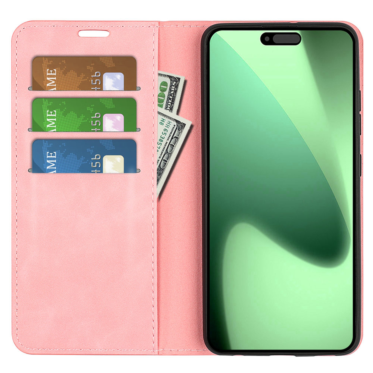 Roze telefoonhoesje met smartphone erin. Drie creditcards links, geld in het midden. Zwarte telefoonframe.