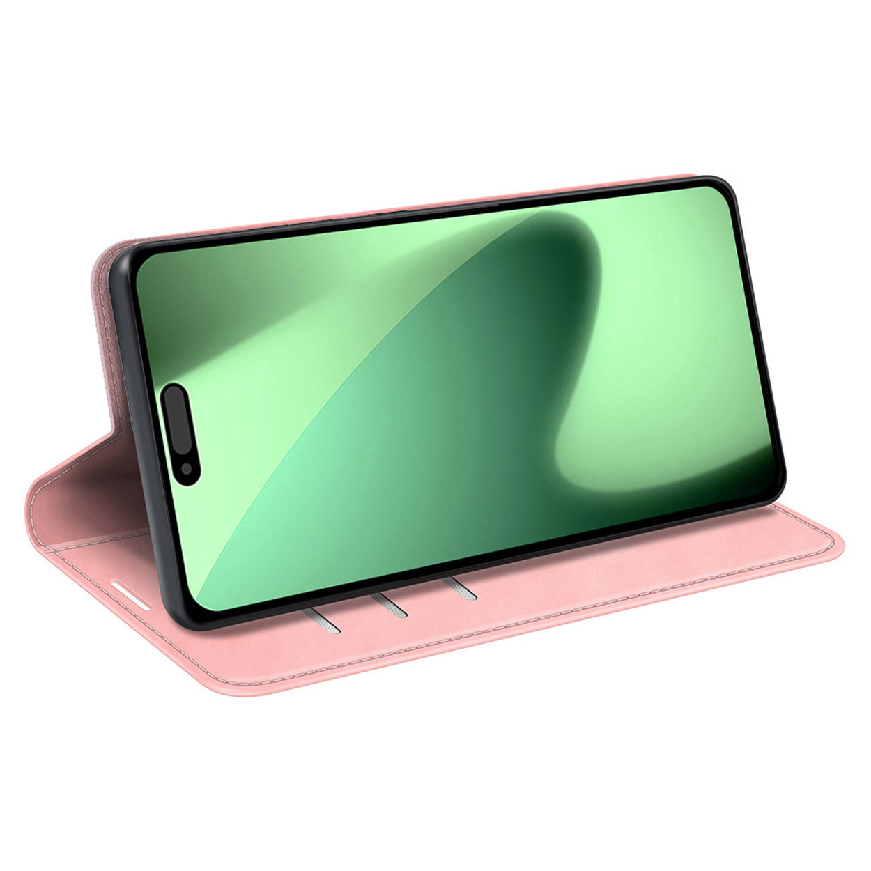 Roze telefoonhoesje met telefoon erin. Het telefoonscherm is groen. De hoes is open.