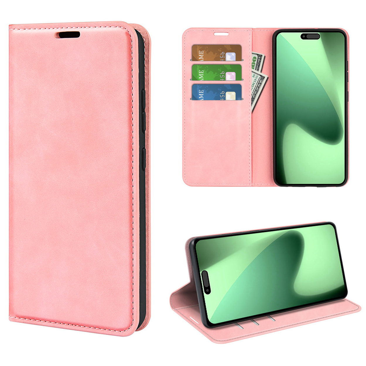 Roze telefoonhoesje met telefoon en kaarten. Hoesje open en dicht, met scherm, creditcards en geld.