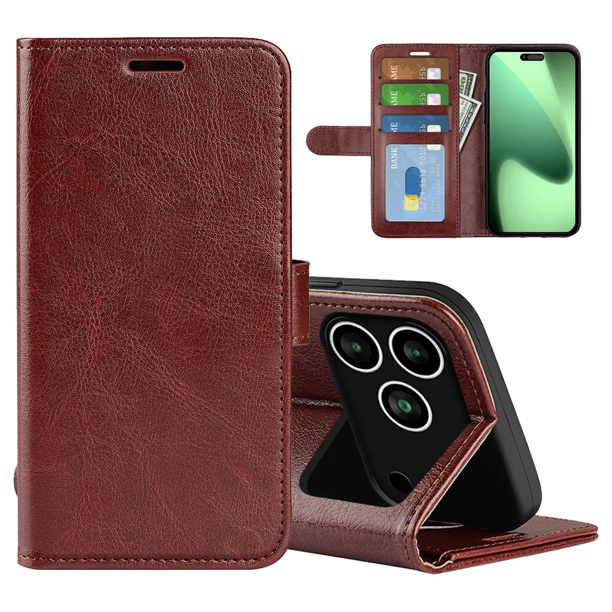 Un étui de téléphone en cuir marron avec un téléphone à l'intérieur. Il possède des fentes pour cartes, de l'argent et une fermeture magnétique.
