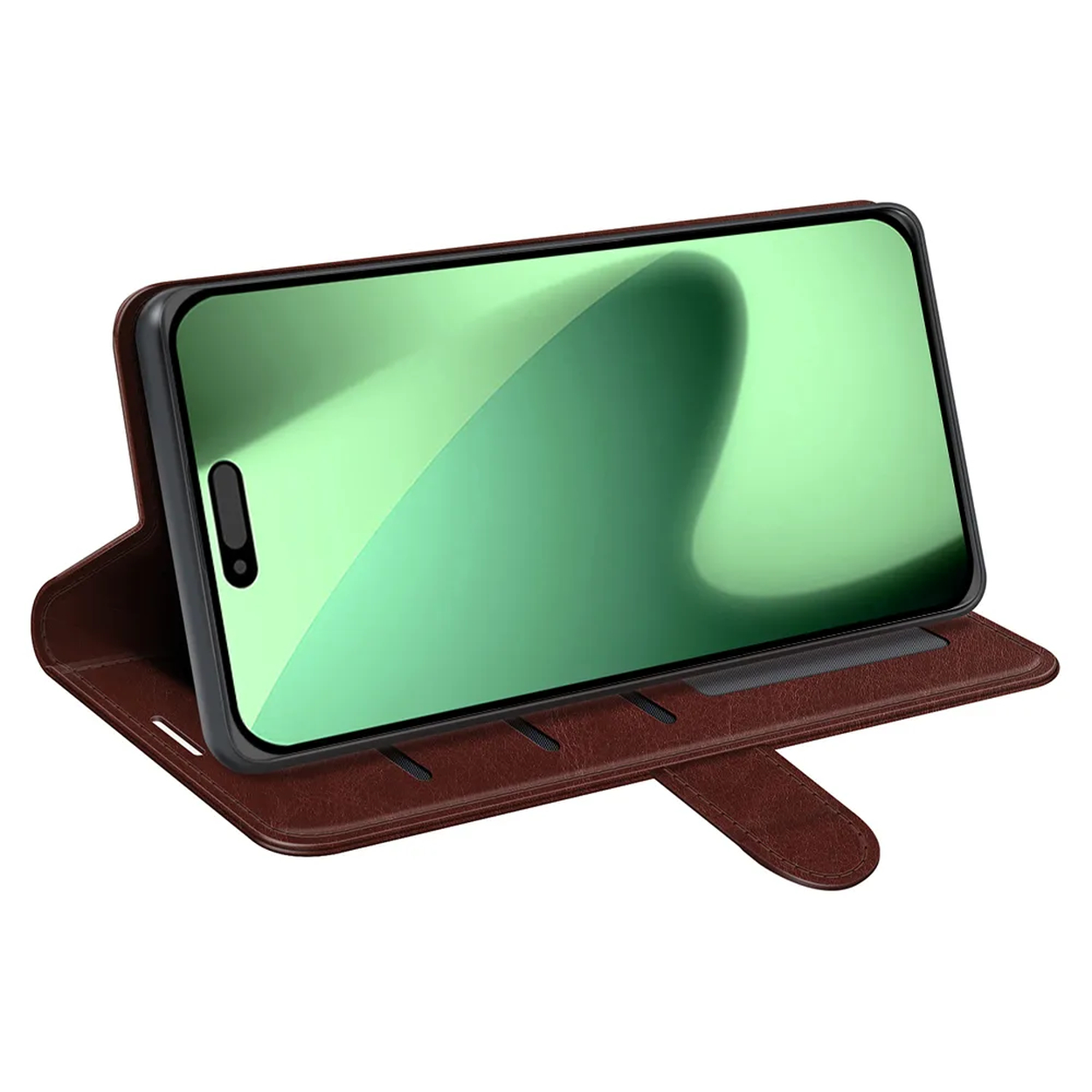 Un étui de téléphone marron avec un téléphone à l'intérieur. Le téléphone a un écran vert. L'étui est ouvert et posé sur un fond blanc.
