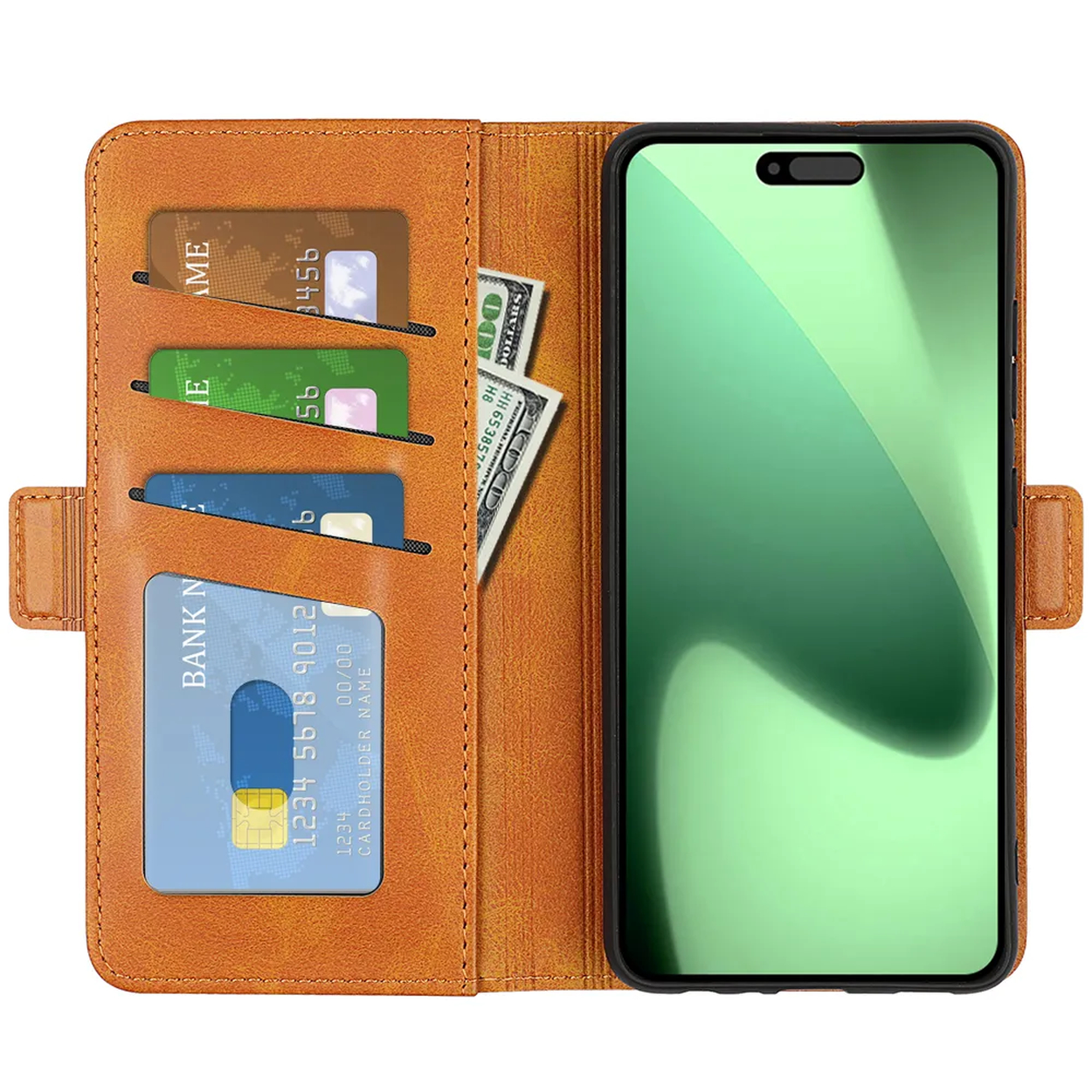 Een bruine leren telefoonhoes met creditcards en dollars. Een telefoon met groen scherm aan de rechterkant.