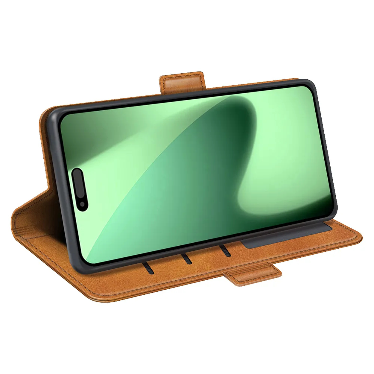 Een bruine lederen telefoonhoes met een telefoon erin. De telefoon heeft een groen scherm en een zwart frame. De hoes is open.