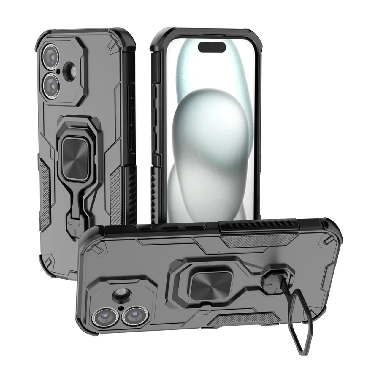 Drie grijze telefoonhoesjes met ringhouders. Eén hoesje heeft een telefoon erin, met een wazig scherm. De hoesjes staan op een witte achtergrond.