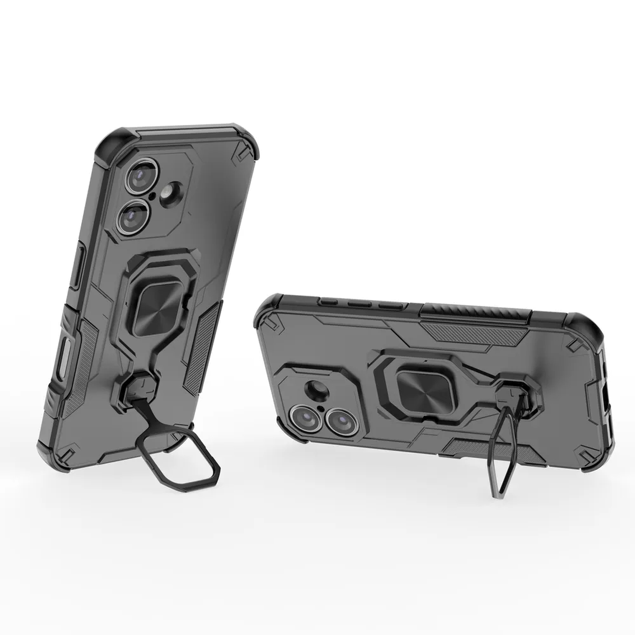 Twee grijze telefoonhoesjes met ringhouders. Eén staat rechtop, de andere ligt. Beide hebben uitsparingen voor de camera en een standaard.