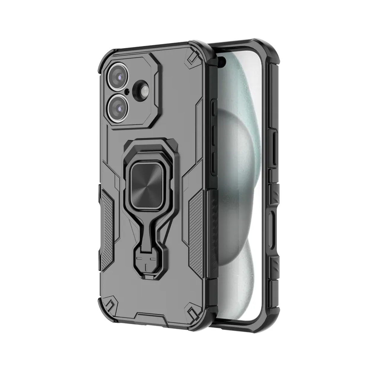 Een grijze telefoonhoes met ringhouder. De hoes is open en toont het telefoonscherm. Robuust ontwerp.