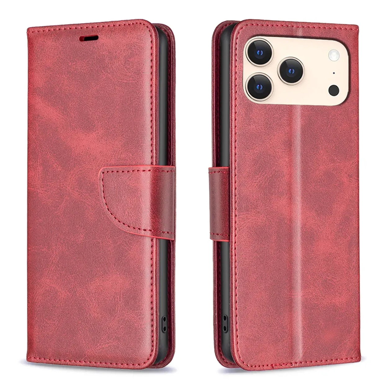 Een rode leren telefoonhoes, open om de telefoon rechts te onthullen. De hoes heeft een magnetische sluiting en stikseldetails.