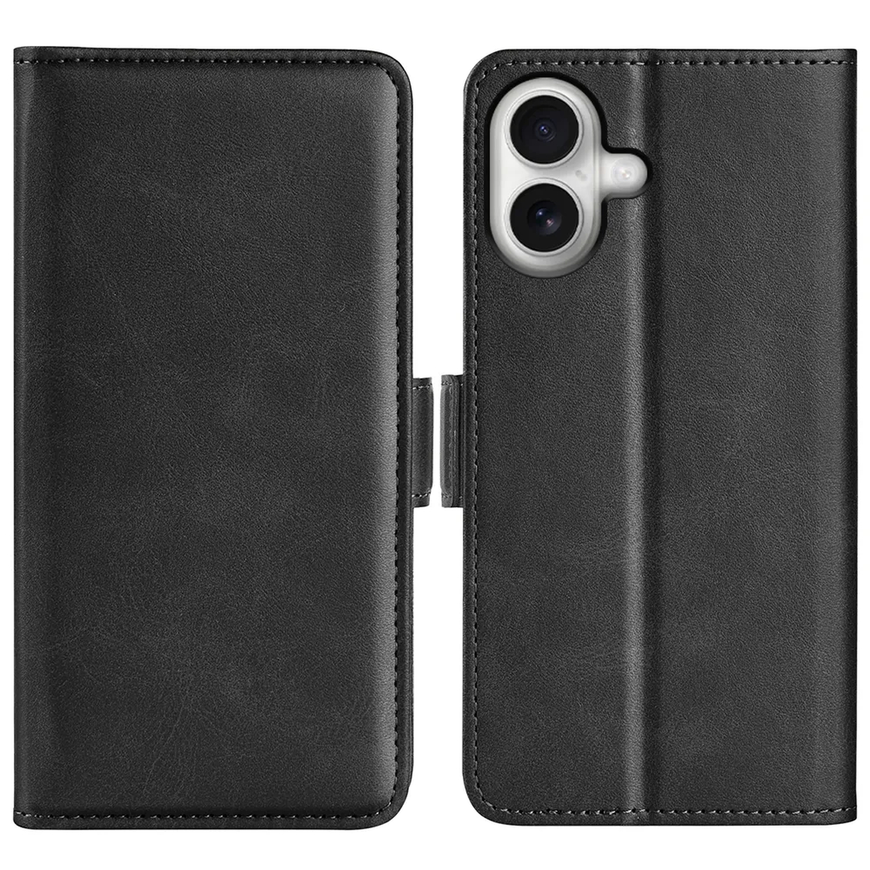Zwarte leren telefoonhoes, open. De rechterkant heeft een camera. Gedetailleerde stiksels rondom de randen. Magnetische sluiting.