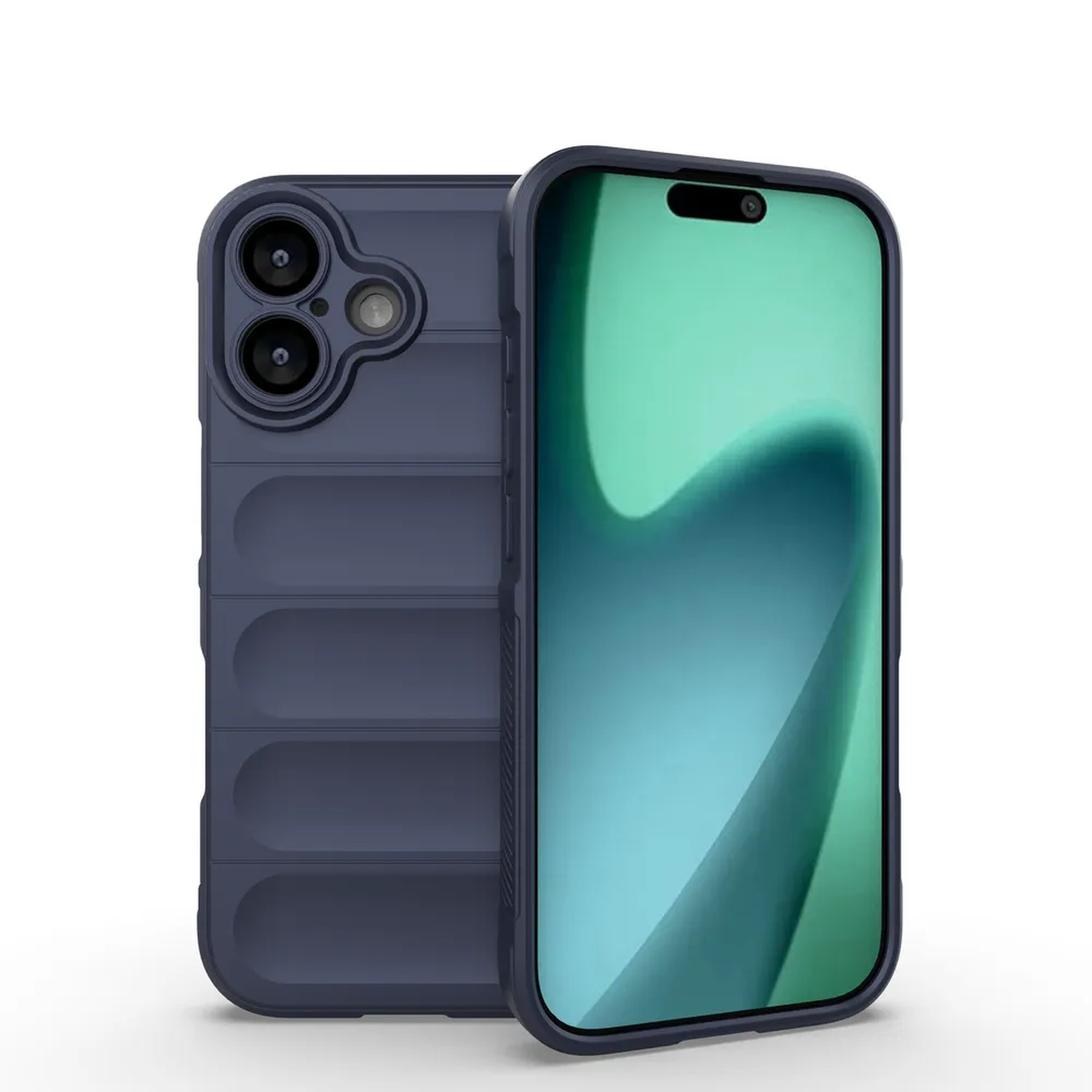 Deux smartphones bleus sur une surface blanche. L'un est dans un étui, montrant des caméras. L'autre a un écran vert.