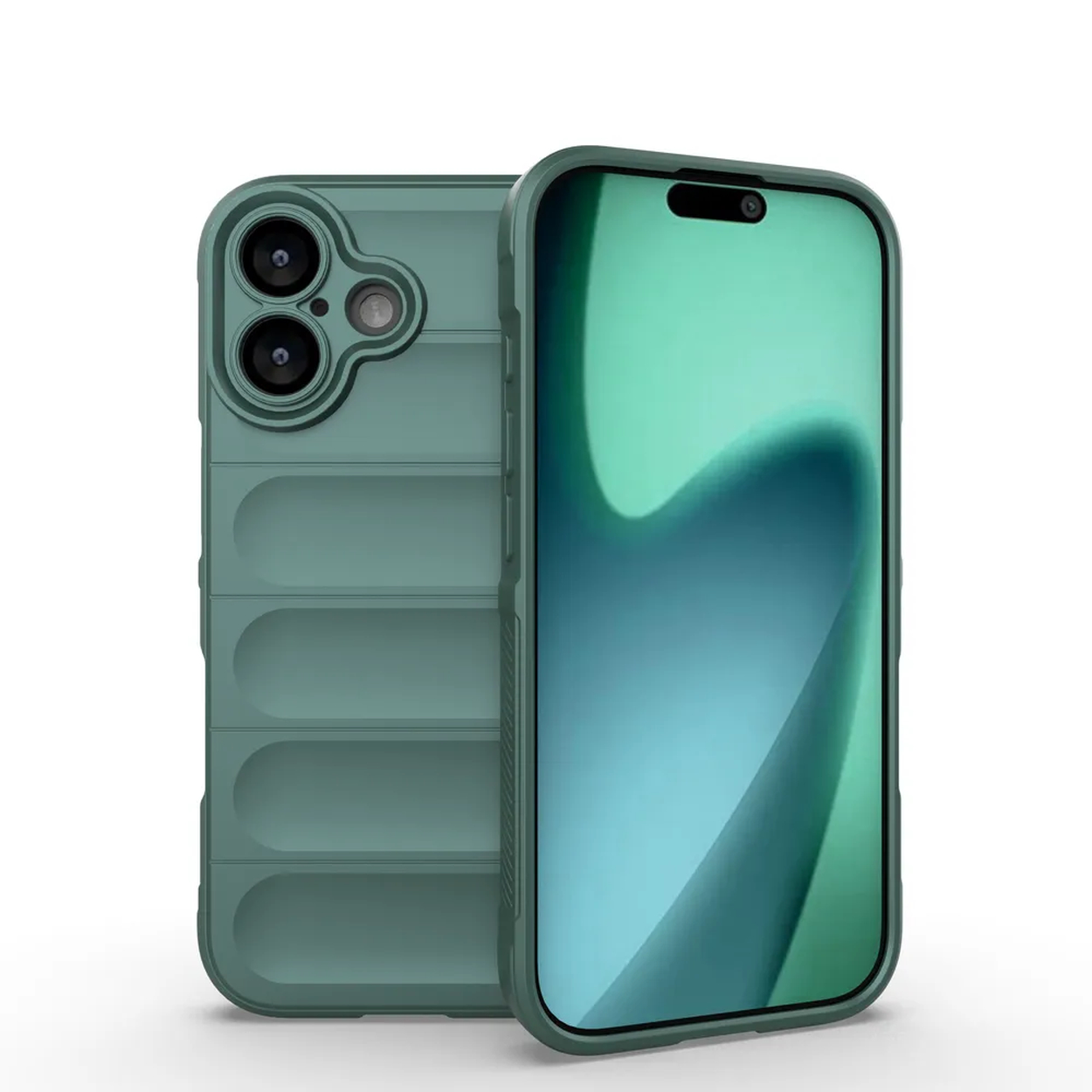 Een teal telefoonhoesje en telefoon. De hoes heeft een textuur achterkant met uitsparingen voor de camera. Het telefoonscherm is groen.