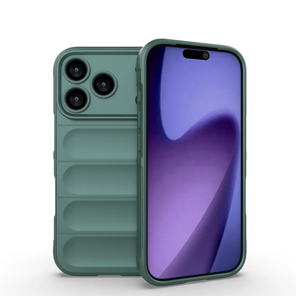 Twee telefoons, een met een paars scherm, de andere met een groene hoes. De groene hoes heeft een camera-opstelling en een geribbeld ontwerp.
