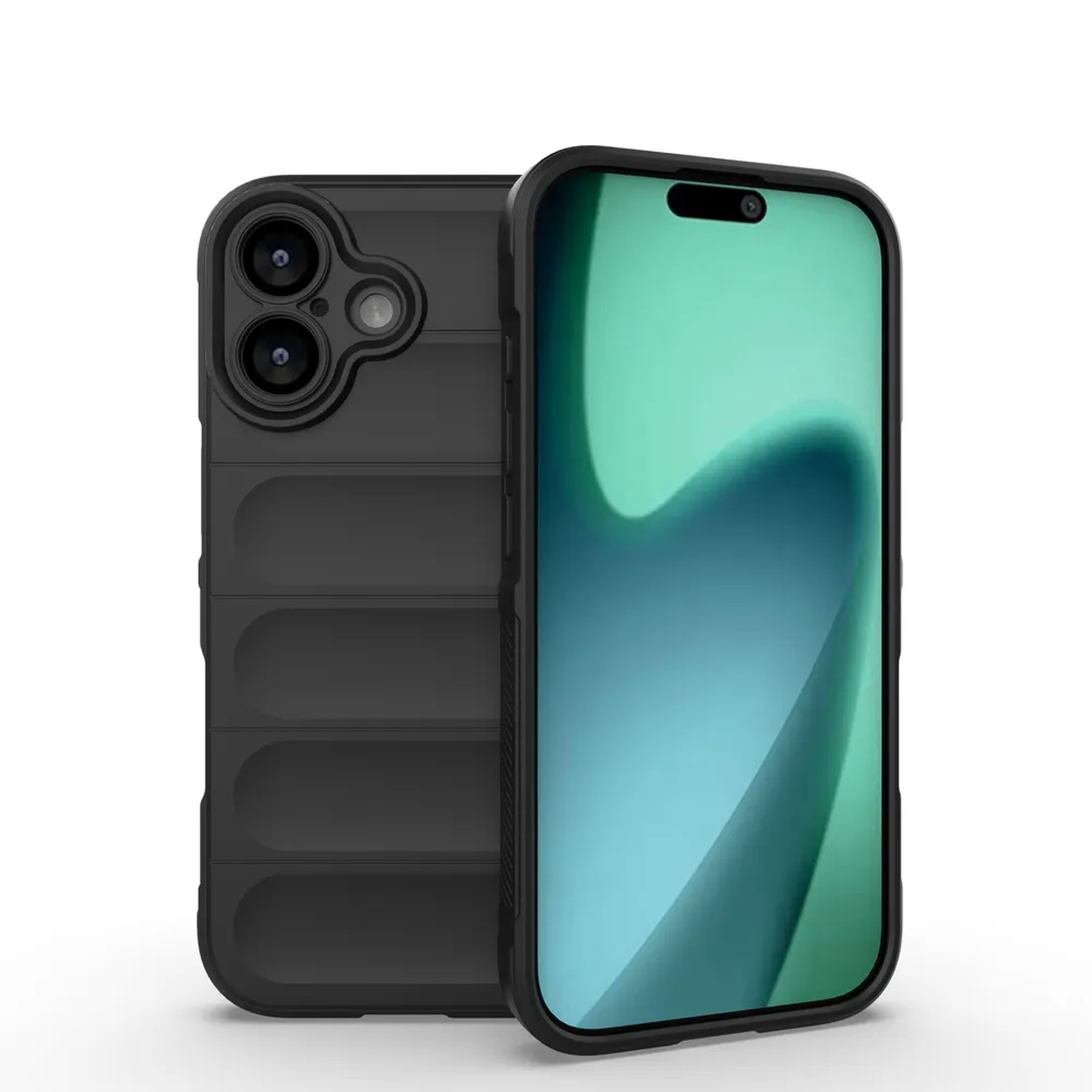 Een zwarte telefoonhoes en een telefoon worden getoond. De telefoon heeft een groen scherm. De hoes heeft een gestructureerde achterkant.