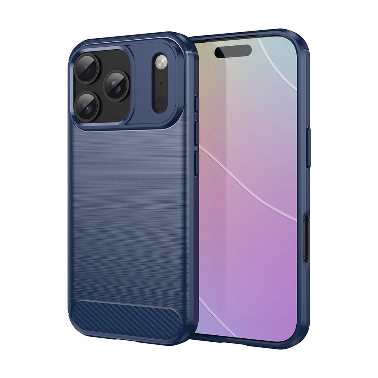 Een donkerblauwe telefoonhoes met een getextureerde achterkant en camera-uitsparing. Het telefoonscherm toont een verloop van roze en wit.
