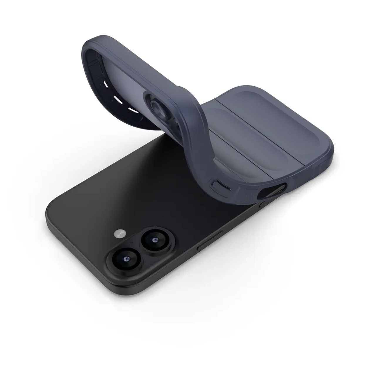 Un smartphone noir avec un étui bleu le recouvrant partiellement. L'étui est retiré, révélant les lentilles de l'appareil photo.