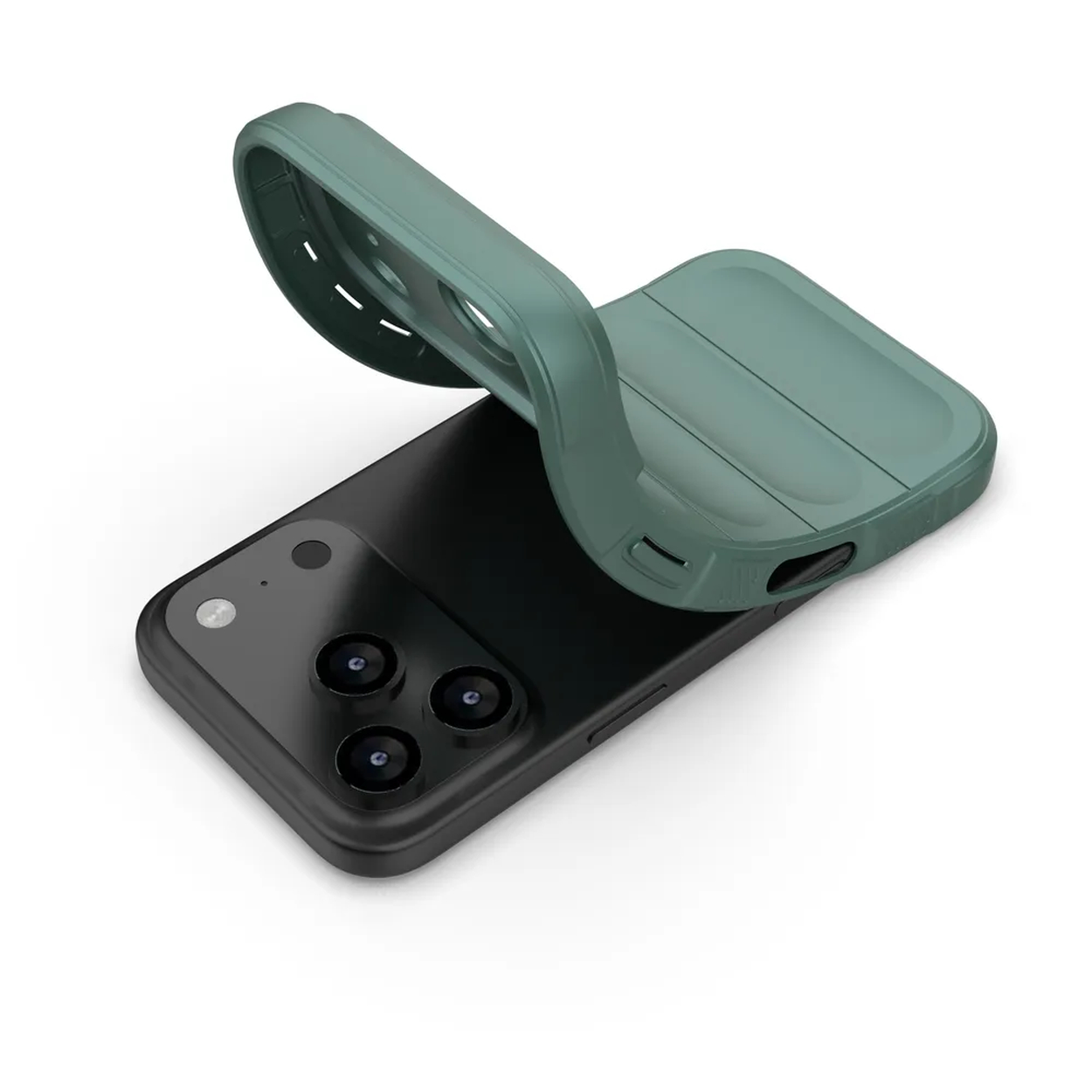 Een zwarte smartphone met een groene telefoonhoes die hem gedeeltelijk bedekt. De hoes is opengebogen en toont de cameralenzen van de telefoon.