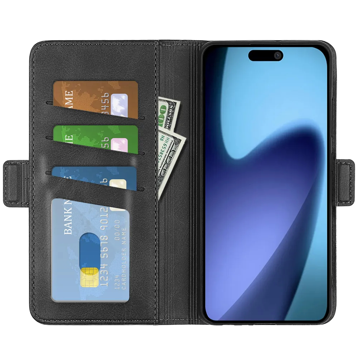 Zwarte telefoonhoes open, met telefoon, creditcards en geld. Telefoonscherm toont blauw en paars. Kaarten hebben nummers en namen.