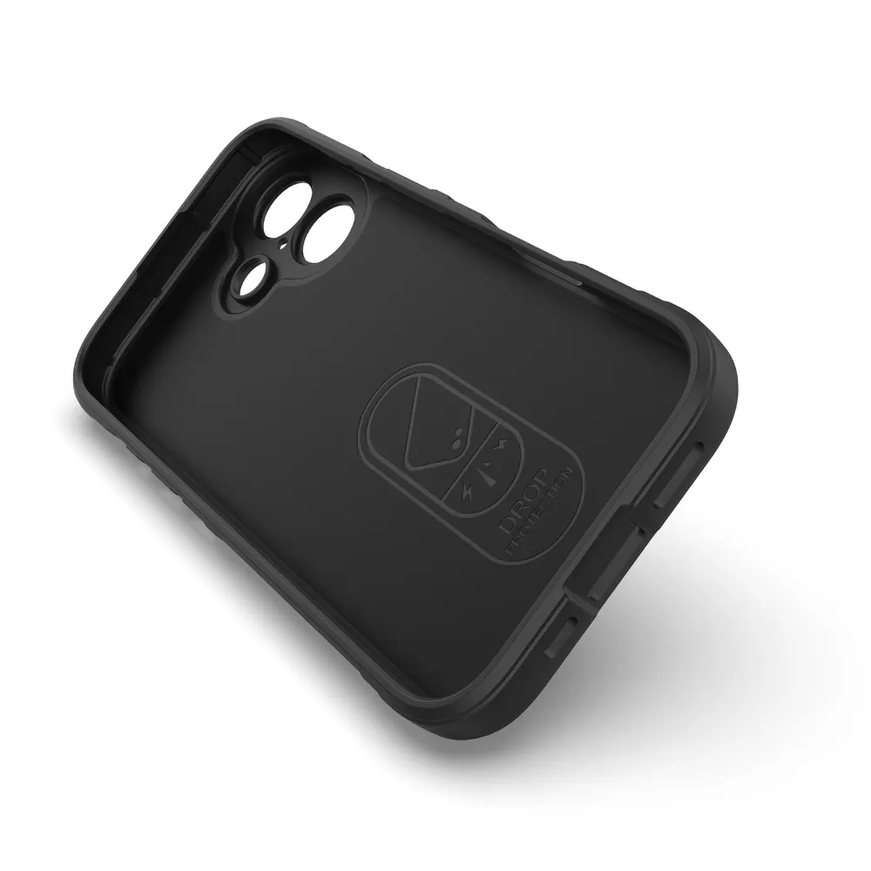 Een zwarte telefoonhoes ligt op een wit oppervlak. Het heeft drie camera-uitsparingen en een valbeschermingslogo.
