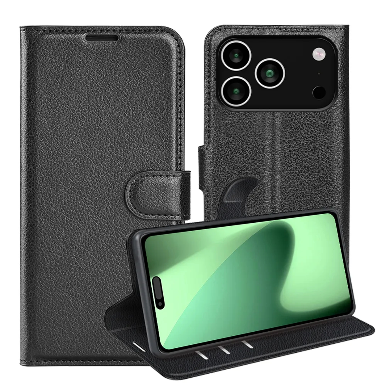 Étui de téléphone en cuir noir avec un téléphone à l'intérieur. L'écran du téléphone est vert. L'étui a trois caméras.