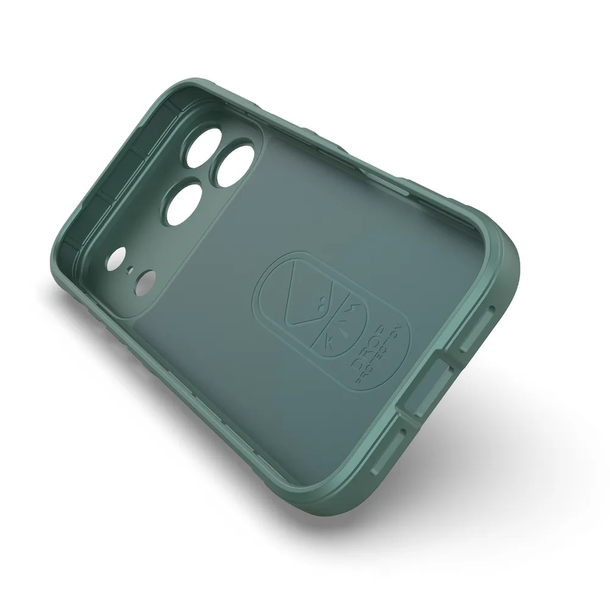 Een open, blauwgroene telefoonhoes met uitsparingen voor camera en knoppen. De binnenkant heeft een Drop Protection-logo. De hoes ligt op een wit oppervlak.