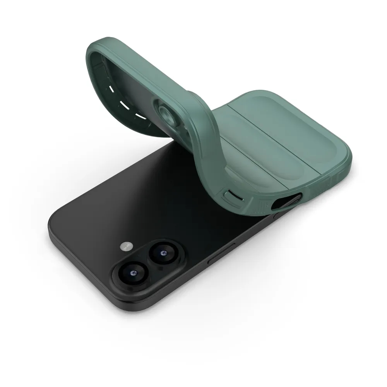 Een zwarte telefoon met een groene telefoonhoes gedeeltelijk open. De telefoonhoes is groen. De achtergrond is wit.